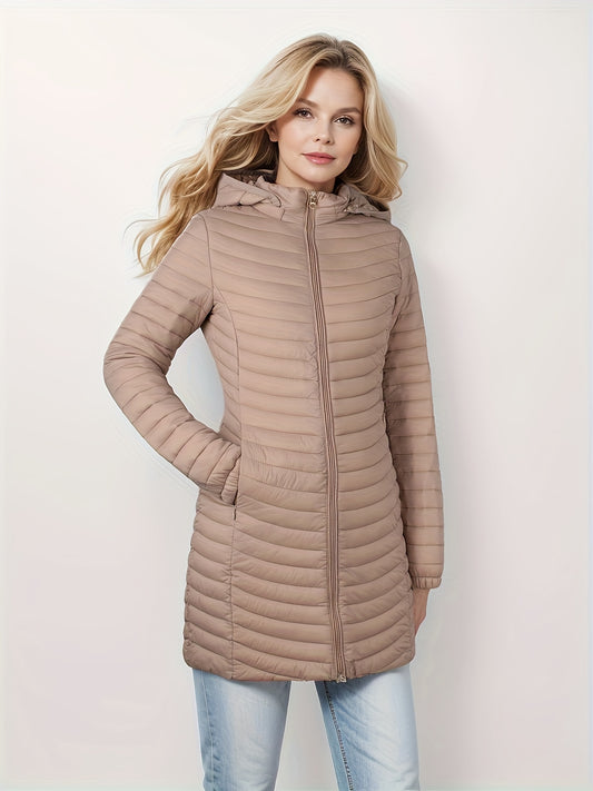 Women's Ultra-Lightweight Foldable Puffer Jacket - Long, Warm & Loose with Detachable Hood, Solid Color