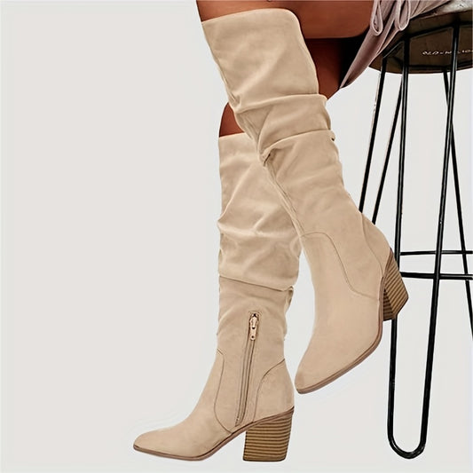 Chic Womens Solid Color Pointed Toe Chunky Heel Dress Boots - Fashionable, Comfortable, Trendy Design with Easy-On Side Zip for Style-Conscious Ladies