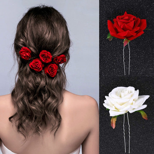 XPZTM gifts for women hot sale new U Shaped Red Rose Flower Hairpins Clips Headpieces Bride Wedding Hair Forks Decor Headdress Handmade Party Hair Accessories