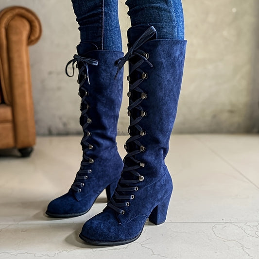 Womens Solid Hue Chunky Heel Knee High Boots - Fashion-Forward Lace-Up Design, Luxuriously Comfortable, Dress-to-Impress - Stylish and Trendy