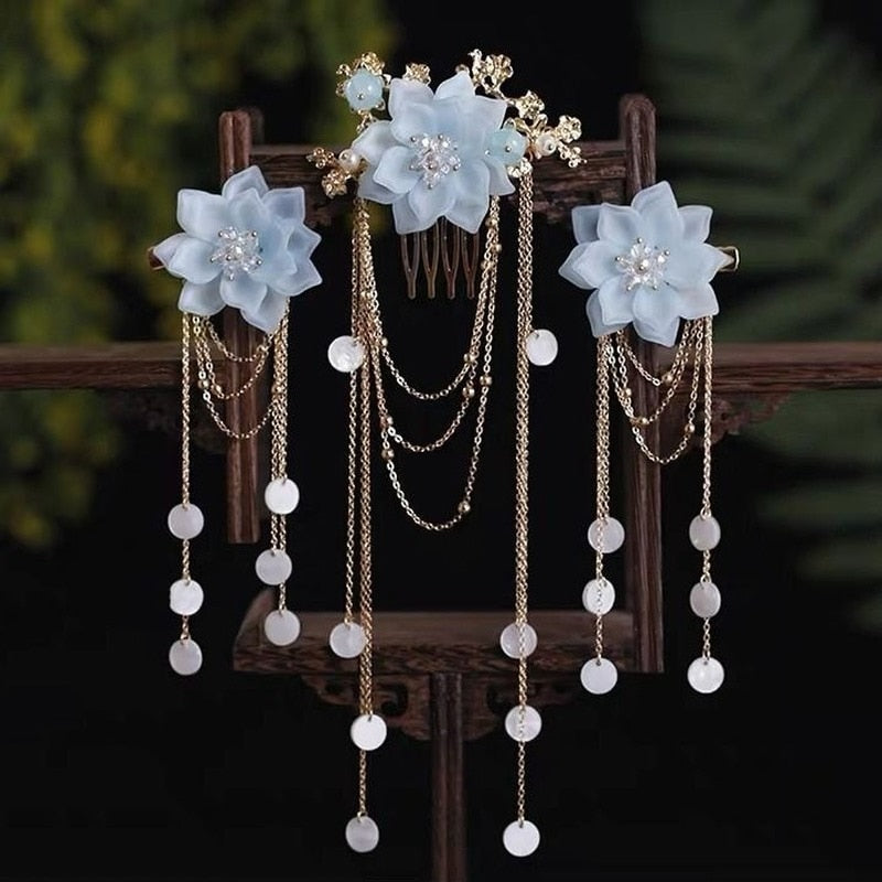 XPZTM wedding decorations hot sale new Hair Accessories for Women Hair Comb Floret Hanfu Tassel Hairstick Blue Tiaras Bridal Crown Fairy Headdress Luxury Party Jewelry