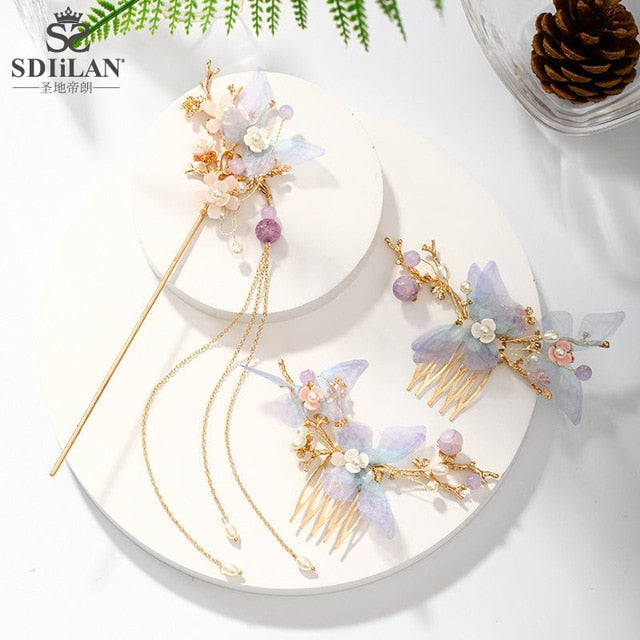 XPZTM wedding decorations hot sale new Hair Accessories for Women Hair Comb Floret Hanfu Tassel Hairstick Blue Tiaras Bridal Crown Fairy Headdress Luxury Party Jewelry