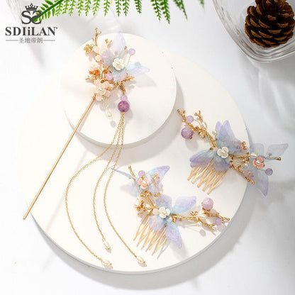 XPZTM wedding decorations hot sale new Hair Accessories for Women Hair Comb Floret Hanfu Tassel Hairstick Blue Tiaras Bridal Crown Fairy Headdress Luxury Party Jewelry