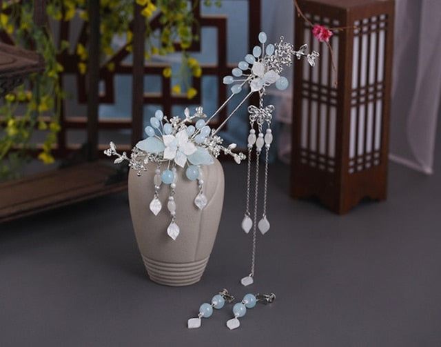 XPZTM wedding decorations hot sale new Hair Accessories for Women Hair Comb Floret Hanfu Tassel Hairstick Blue Tiaras Bridal Crown Fairy Headdress Luxury Party Jewelry