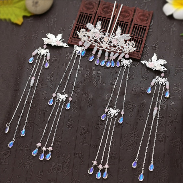 XPZTM wedding decorations hot sale new Hair Accessories for Women Hair Comb Floret Hanfu Tassel Hairstick Blue Tiaras Bridal Crown Fairy Headdress Luxury Party Jewelry