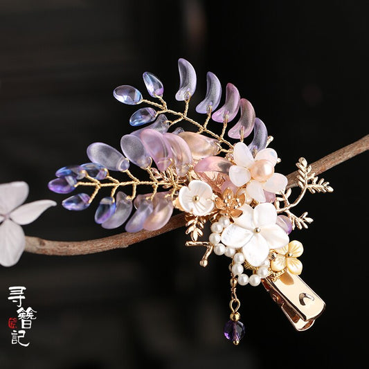 XPZTM  Handmade Wisteria flower Hair Clip Kanzashi Hair accessories Hanfu headdress Ancient style Pearl Hairpin Gradient Duckbill clip